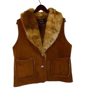 Vintage Suede Brown Faux Fur Lined Vest Cowgirl Western Equestrian Boho Size L